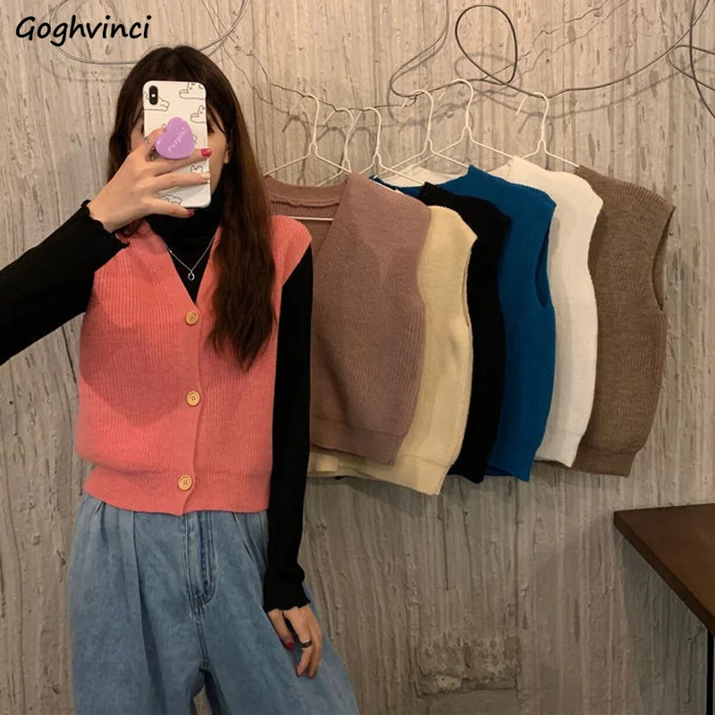 

Sweater Vest Women Solid V-neck Cropped Sweaters Sleeveless Button-up Knitted Temperament All-match Soft Korean Fashion Feminine