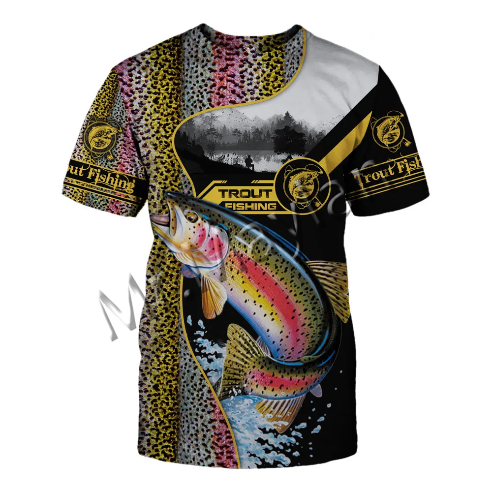 

Летняя модная разноцветная футболка с изображением животных, форели, рыбалки, для мужчин и женщин, с круглым вырезом, с 3D-принтом, хипстерска...