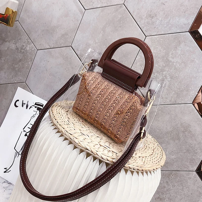 Женские Прозрачные сумки летние соломенные через плечо из двух частей женские
