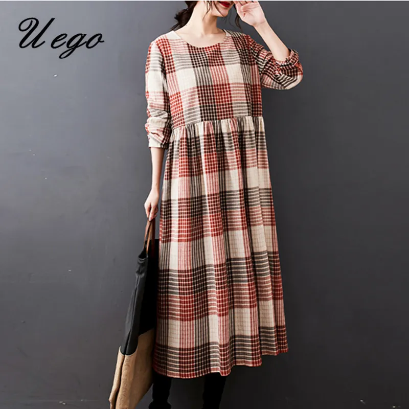 

2023 New Arrival Korea Fashion Plaid Women Casual Autumn Dress Linen Cotton Vintage Female Spring Dress Office Lady Work Dress