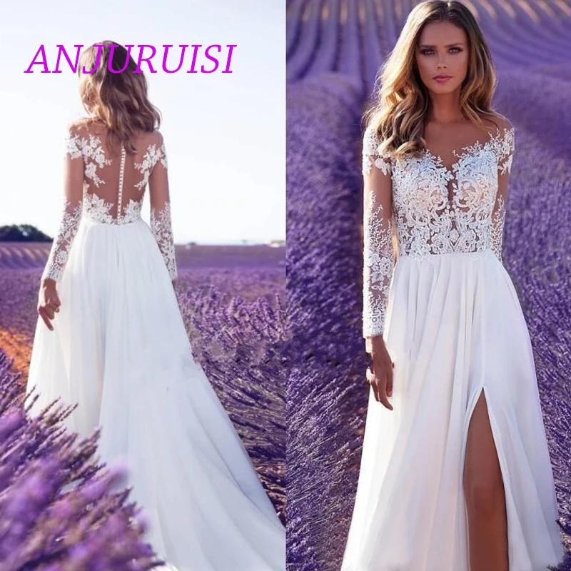 ANJURUISI Boho свадебный наряд пляжное кружевное свадебное платье с аппликацией с длинными рукавами сексуальное свадебное платье с разрезом De Mariee шифон