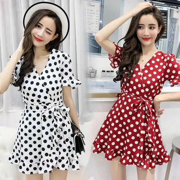 2019 Hot Ruffles Dot Print Summer Dress Vintage Irregular Bow Wrap Short Women Chic Chiffon White Red DF293 | Женская одежда