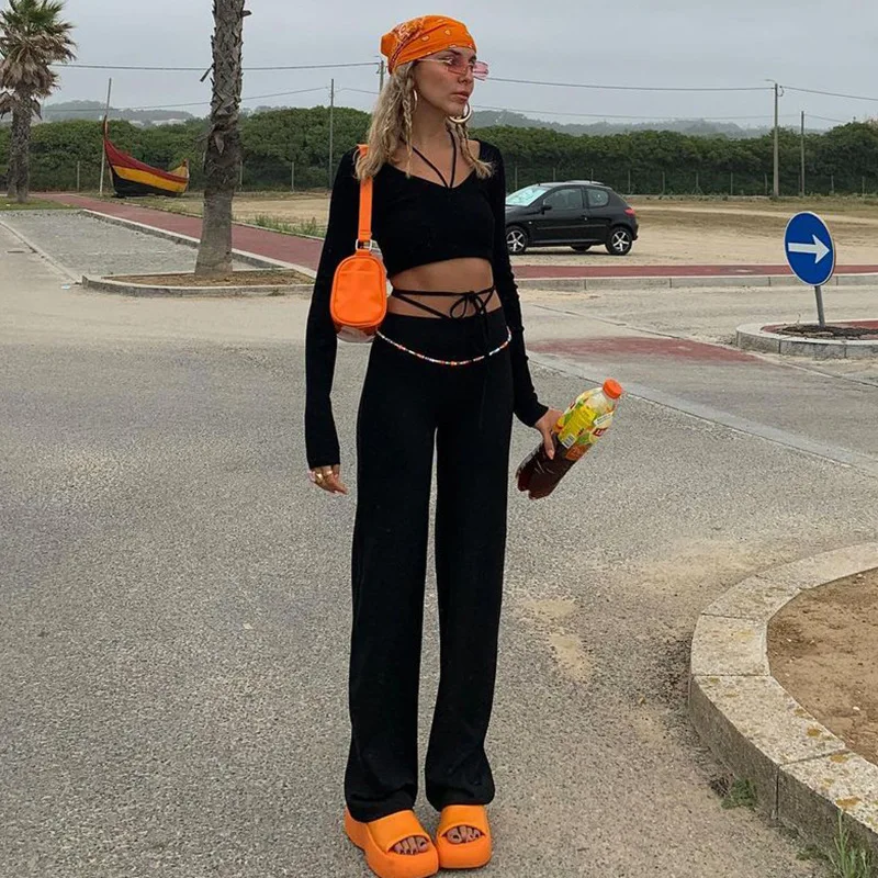 

Sexy Black Round Neck Halter Long-sleeved Short Top And High Street Lace-up Straight Trousers 2021 Autumn New Two-piece Women's