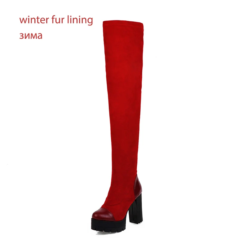 WETKISS Platform High Heels Boots Women Thigh High Boot Female Stitching Shoes Lady Round Toe Stretch Shoes Winter Plus Size 48 - Цвет: red    fur
