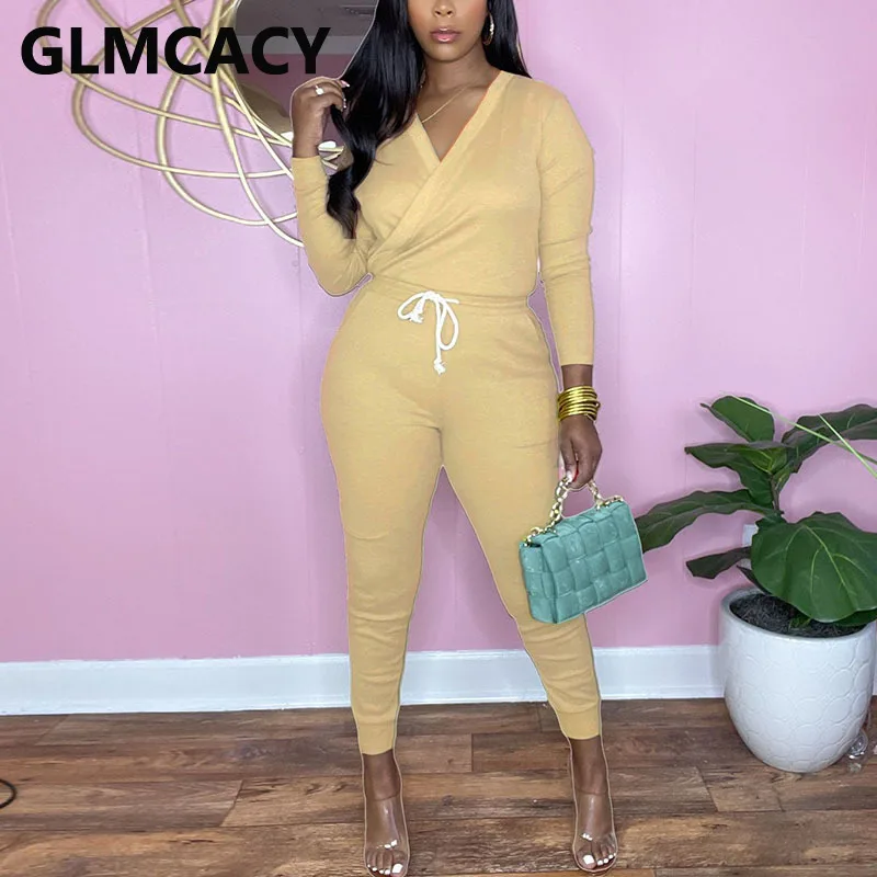 

Women Long Sleeve Casual V Neck Slim Solid Jumpsuit