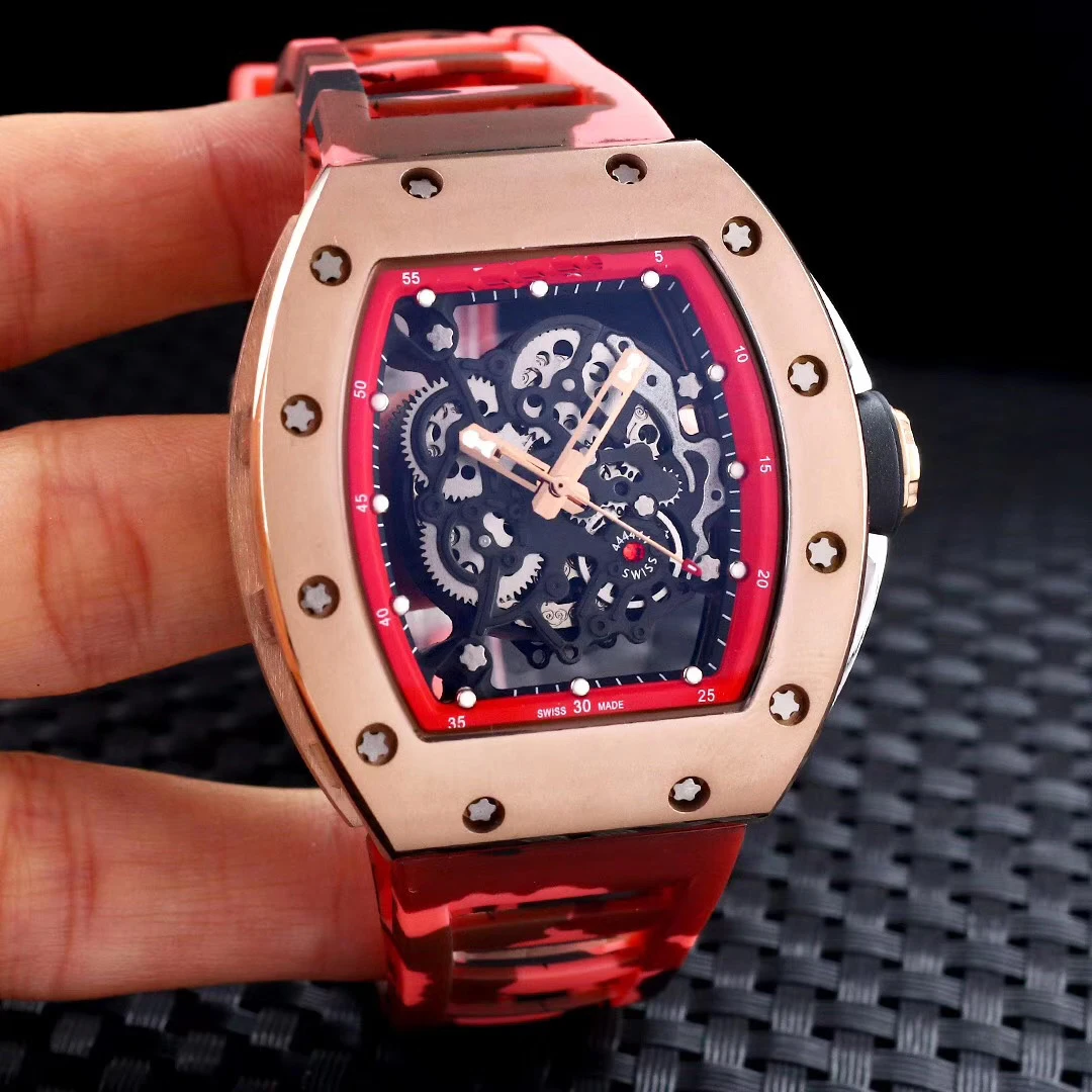 

Brand New Black Blue Red Rubber Men Watch Sapphire Rose Gold Automatic Mechanical Silver Limited Stainless Steel TPT Skeleton