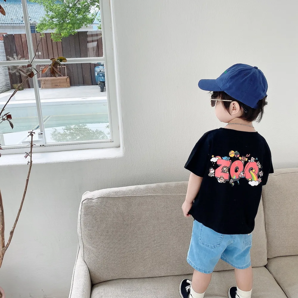 

2021 Summer t-shirt for kids baby girls boys 100% cotton black colour animals pattern cute baby Tees