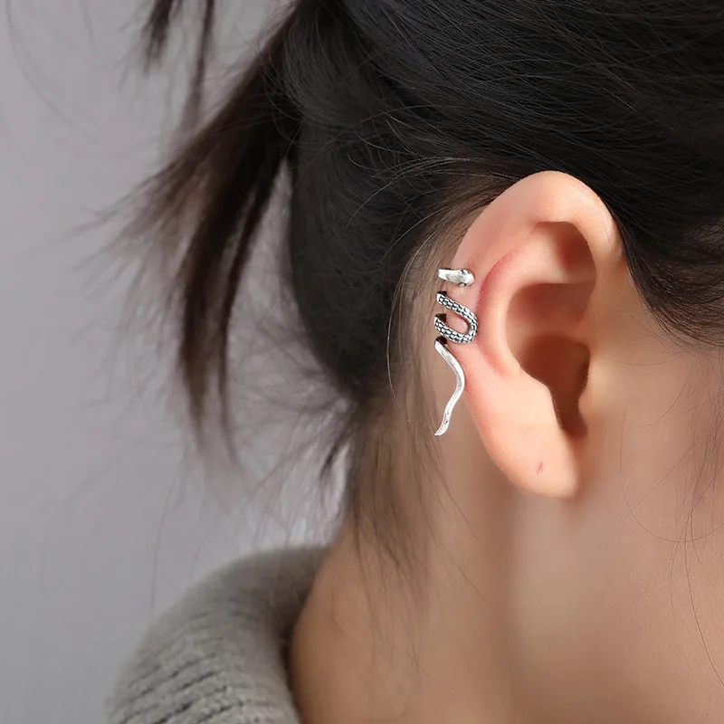 

1pc Vintage Snake Ear Cuffs Wraps Genuine 925 Sterling Silver Thai Silver Retro Pattern Non-pierced Cartilage Earrings for Women