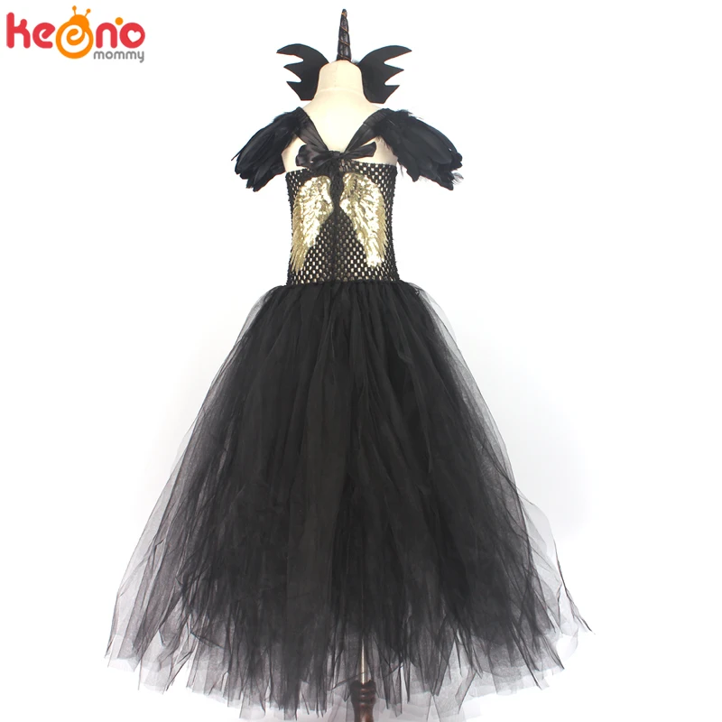 

Angel of Darkness Black Fancy Girls Tutu Dress Elegant Princess Girl Birthday Party Halloween Costume Wings Kids Ball Gown Dress