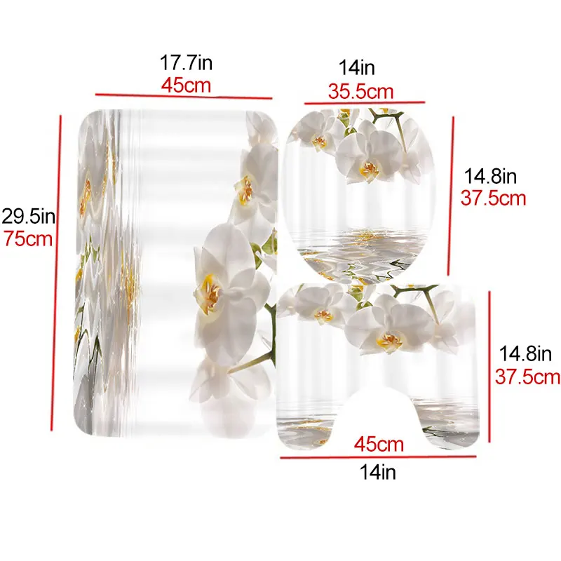 

White Orchid Printing Shower Curtains 3PCS Mat Set for Bathroom Waterproof Polyester Fabric Shower Bath Curtain With 12pcs Hooks