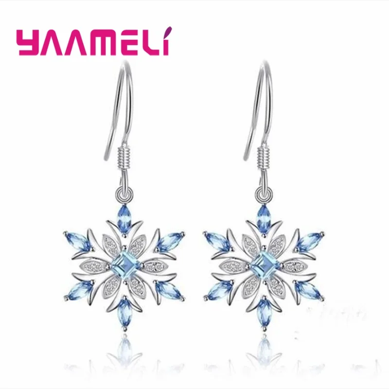

Ocean Blue Natural Crystal Hook Earrings for Women Femme 925 Sterling Silver Snowflake Pendant Dangler Christmas Pendientes