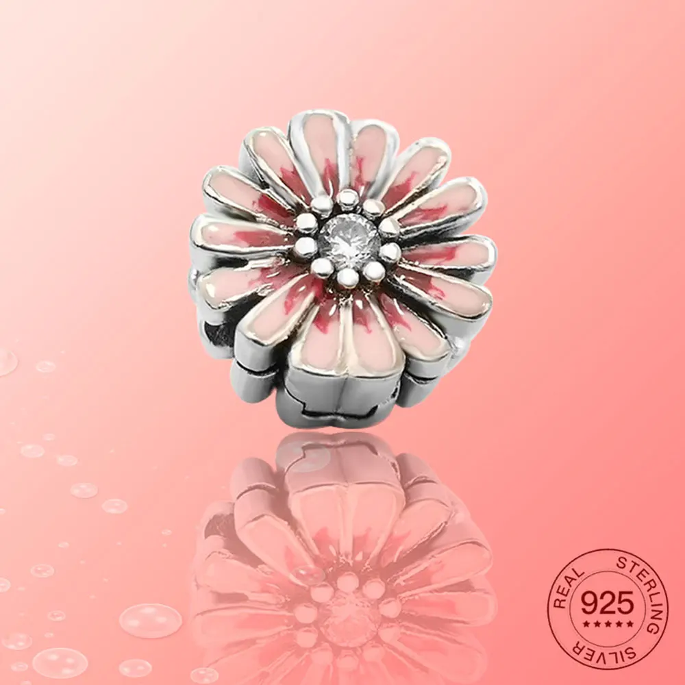 Розовый Дейзи Эмаль Подвески реальные 925 стерлингового серебра подходят к