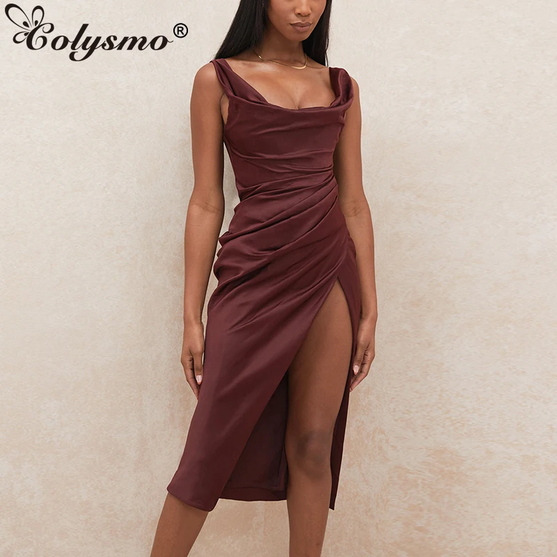 

Colysmo Summer Tank Dress Sexy Side Split 2 Layers Elastic Invisible Zipper Elegant Midi Dresses for Women Party Slim Fit Robe
