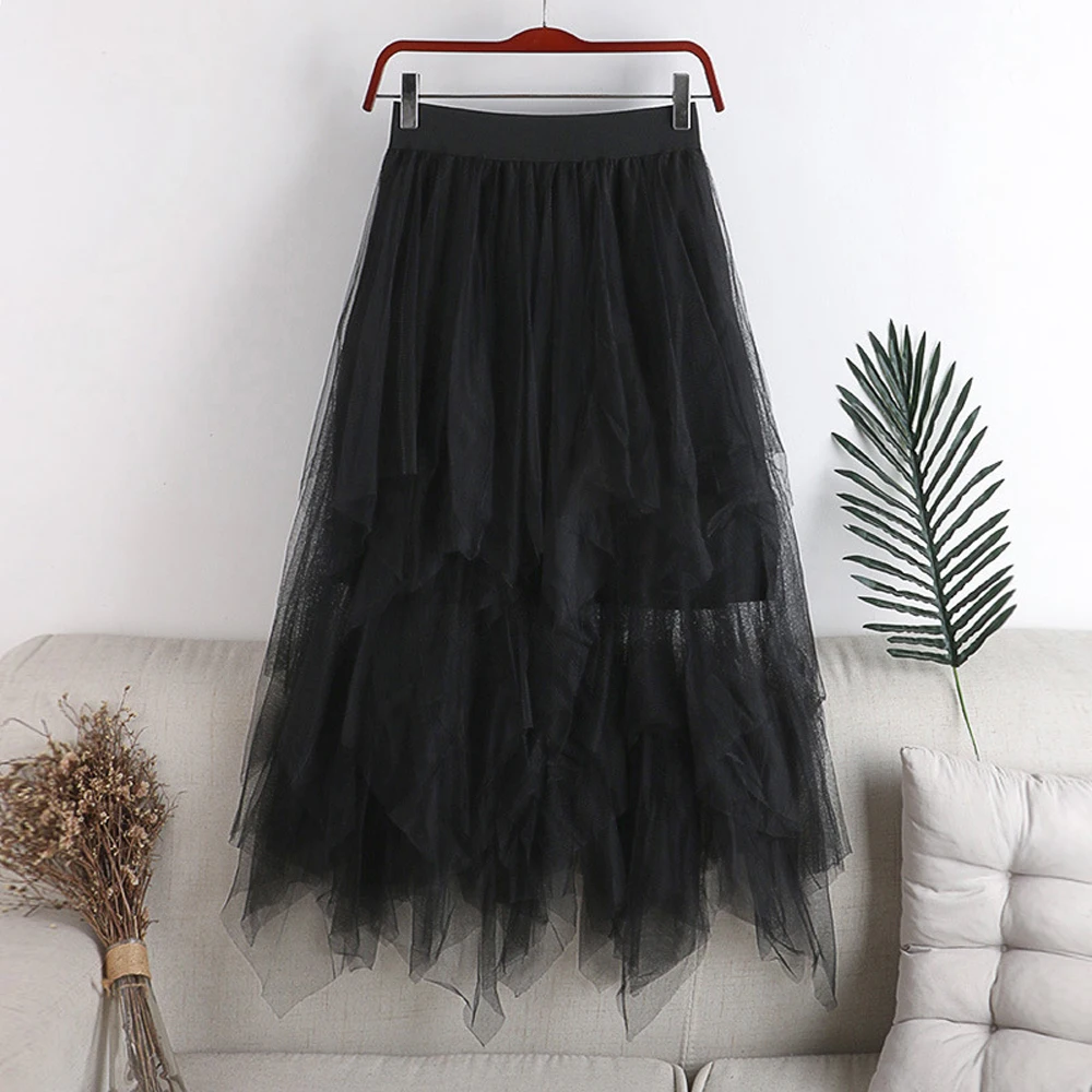 

SISHION Korean Style Fashion Midi Skirt VD1822 Irregular Black White Pink Women Summer Long Cake Tulle Skirt
