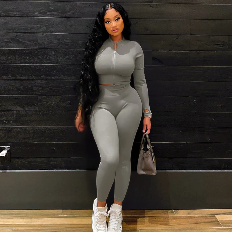 

Women's 2Pcs Skinny Tracksuit Outfit Sets Long Sleeve Lapel Zipper Tops + Solid Color High Waist Long Pants Set