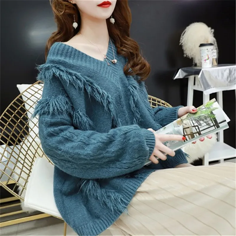 

Very Fairy Pullover Sweater Women Long Sleeve 2021 Winter Clothes Fashion Harajuku Loose All-Match V-Neck Knitting Sweater Femme