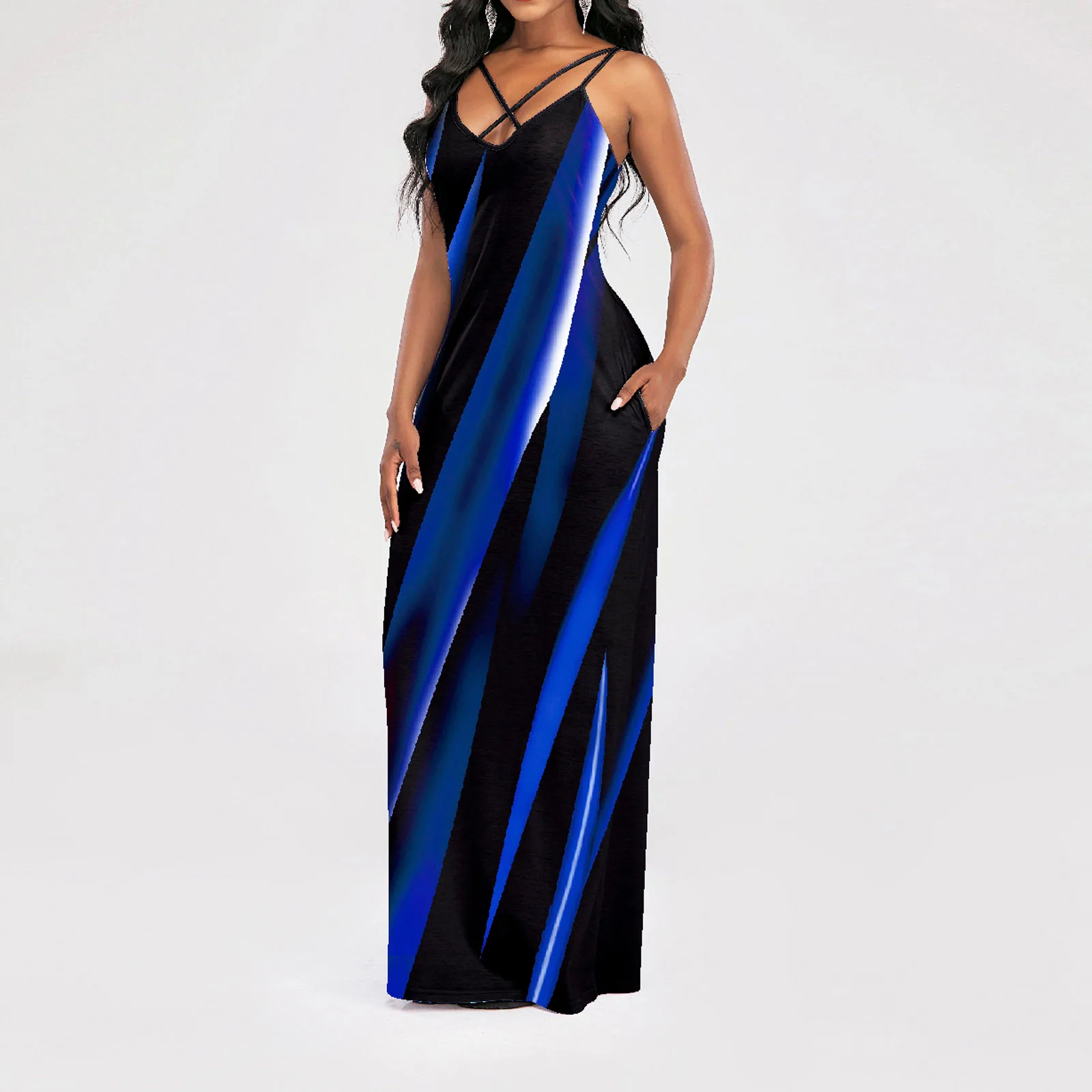 

40# Sleeveless Long Dress Women Printed Tank Top Maxi Dress Beach Casual Pocket Sundress Vintage Loose Robe Femme Vestidos