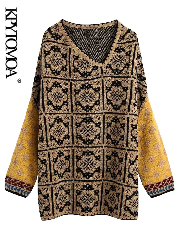 

KPYTOMOA женский модный жаккардовый Вязаный Свитер оверсайз винтажный асимметричный воротник с длинным рукавом женские пуловеры шикарные топ...