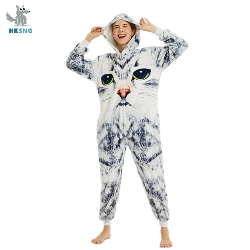 Новая Фланелевая пижама кигуруми с 3D кошкой на молнии рисунками животных для