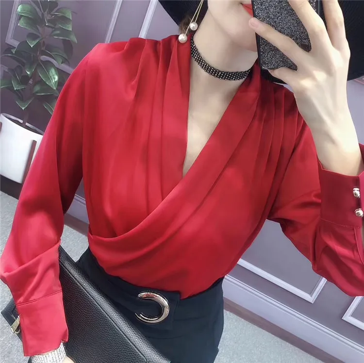 

Solid Summer Draped Blouse Womens V Neck Long Sleeve Slim Shirts Tops Female satin blouses woman satin shirts tops