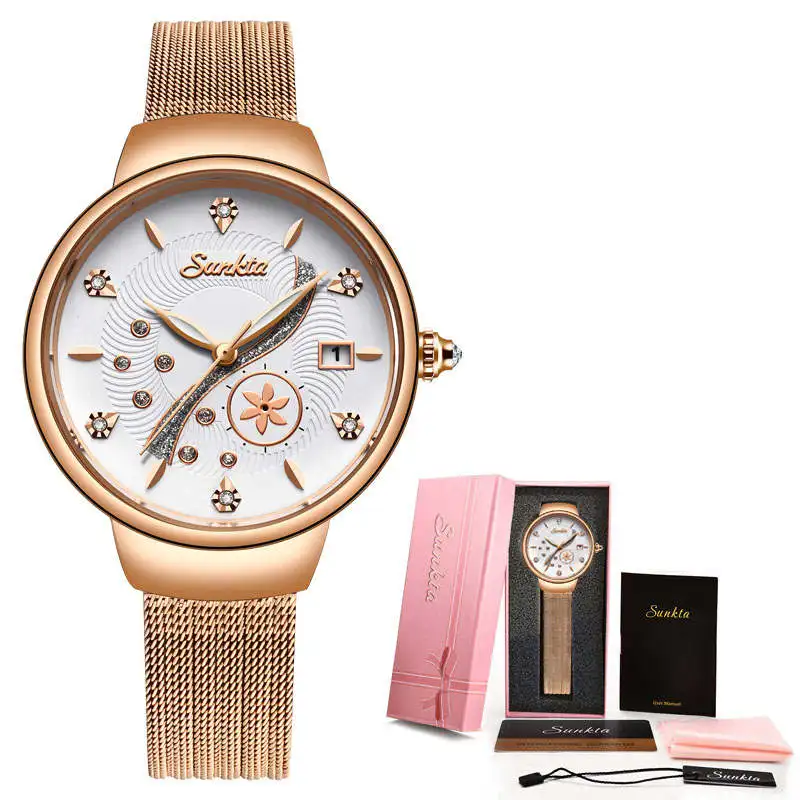 SUNKTA Women Watches Top Brand Luxury Ladies Mesh Belt Ultrathin Watch Stainless Steel Waterproof Clock Quartz Reloj Mujer | Наручные