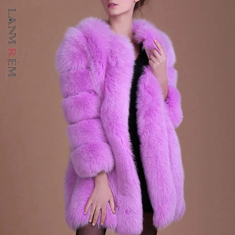 LANMREM 2023 Winter New Fox Fur Coat Women Warm Long Sleeve Solid Color Temperament Coat Female Fashion 2W999