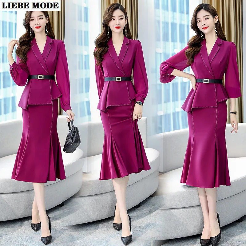 

Women's Business Suits with Skirt Office 2 Piece Blazer Set Women Mermaid Wrap Skirts Suit Female Two-piece Formal Dress Outfit