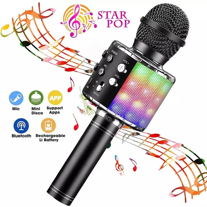 

WS858L Wireless Bluetooth Koraoke Microphone Portable Handheld Mic Speaker Conderser Microphone with Light for Android/iPhone/PC