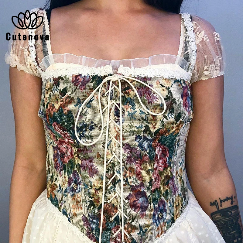 

Cutenova Flower Print Bohemian Style Elegant Slim tube tops Women Corset Crop Top Vintage Y2K Aesthetic Party Bandage Lace Vest