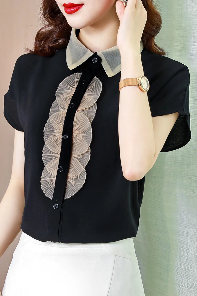 

COIGARSAM Shirt Womens Tops Summer 2021 New Office Lady Casual Patchwork Short Sleeve Loose Square Collar Black Women Shirts