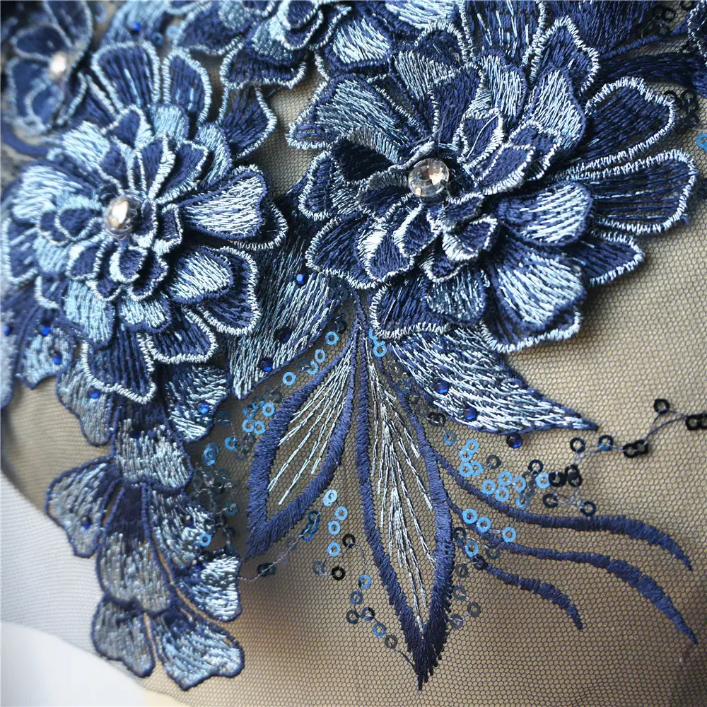 Темно-синяя 3D Цветочная ткань из листового Кружева Блестящие Стразы вышитая