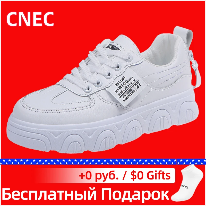 Женские кроссовки из натуральной кожи CNEC белые и черные на платформе