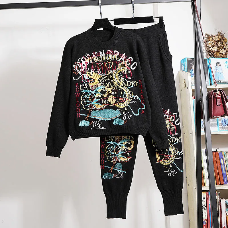

Black Knitted Tracksuits Two Piece Outfits Women 2pc Fashion Loose Embroidery Cartoons Sweater Long Pants Set Female Streetwear
