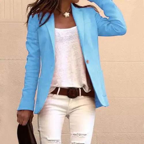 Light Blue Americana mujer Офисные женские туфли однотонные Цвет на одной пуговице Блейзер длинный рукав костюм куртка базовое пальто americanas mujer - Цвет: Light Blue