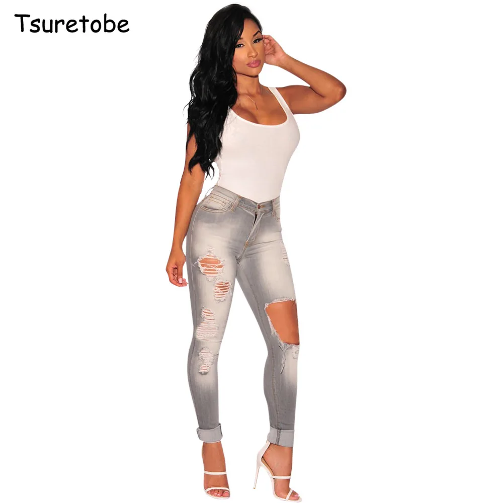 

Tsuretobe размера плюс модные серые рваные джинсы женские облегающие эластичные джинсовые брюки-карандаш со средней талией женские облегающие ...