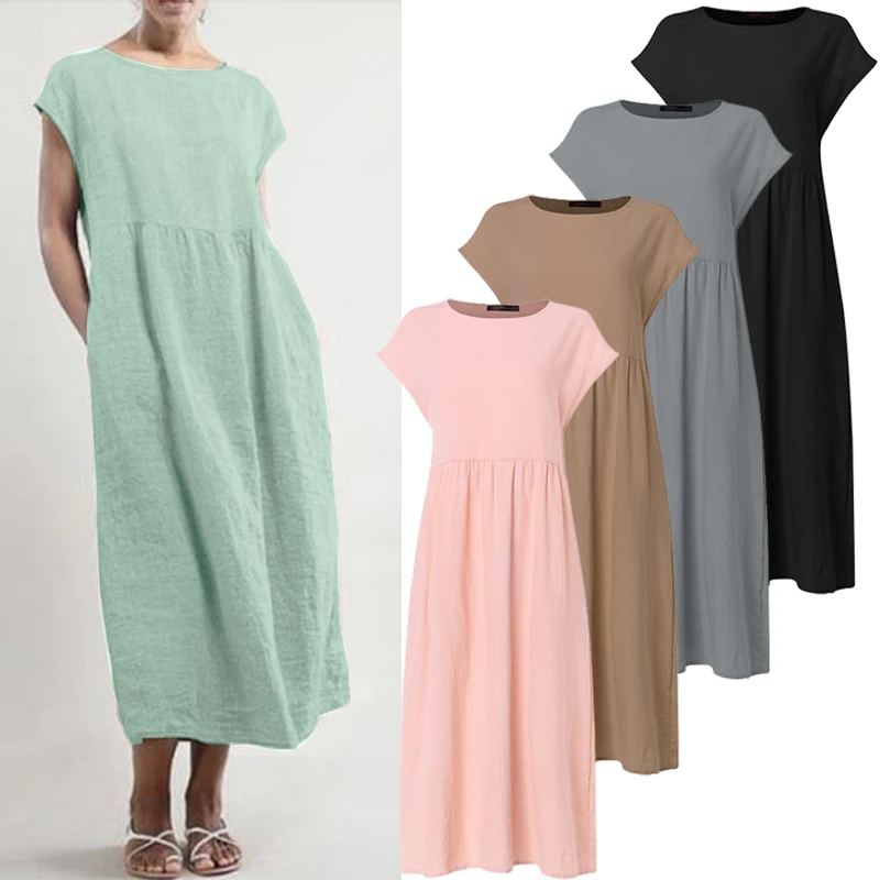 Платье ZANZEA женское однотонное с коротким рукавом сарафан в винтажном стиле