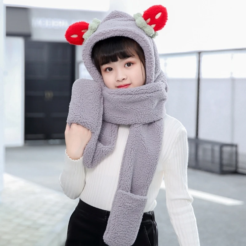 

Kids Winter Warm 3 In 1 Faux Fleece Hooded Scarf Hat Gloves Set Cute Strawberry Ears Thermal Earflap Cap Neck Warmer