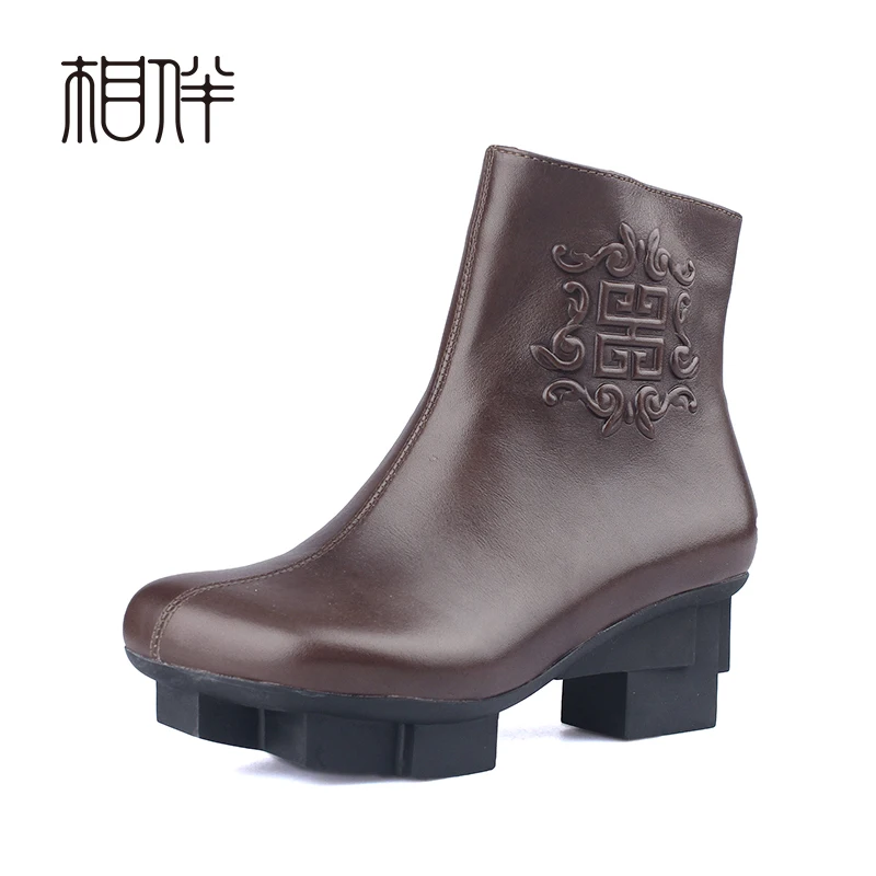 Женские кожаные ботинки на толстой платформе Xiangban черные/кофейные ботильоны