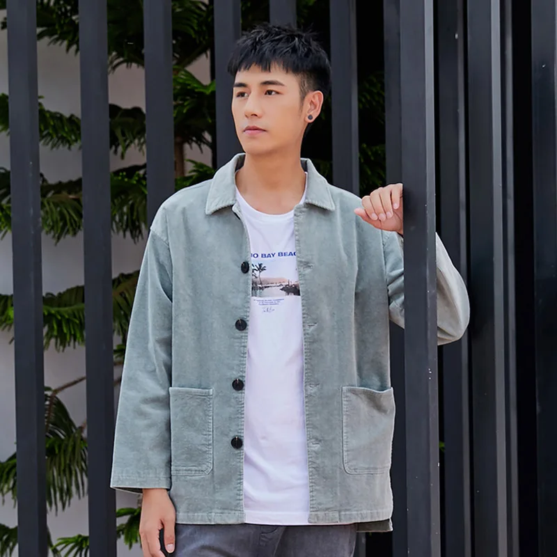 Grey Green Schinteon Men Corduary Loose Jacket Autumn Mid-Length Outwear Casual Turn-down Collar Top Fashion High Quality New - Цвет: Grey Green