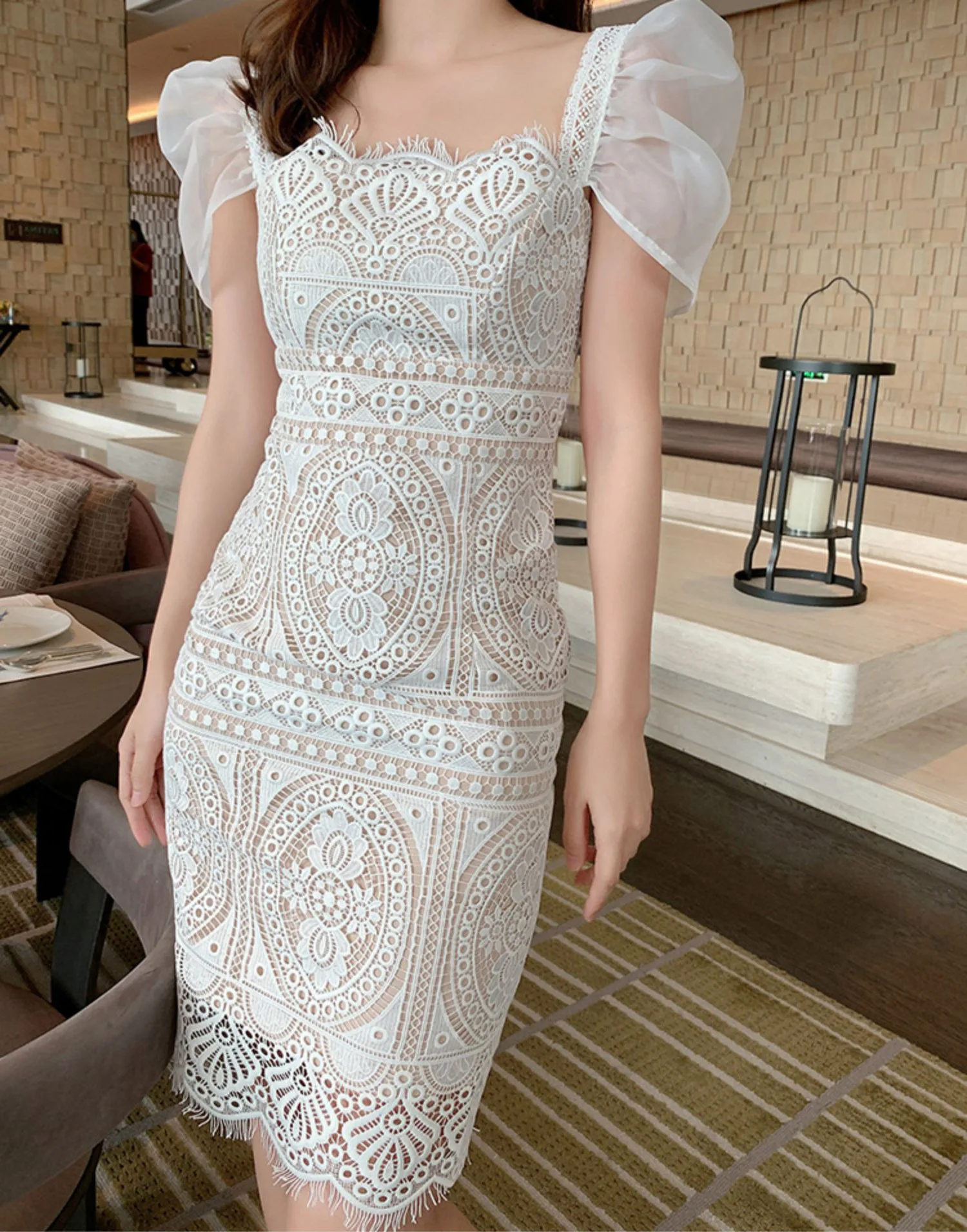 

Luxury Flower Embroidery Lace Dress Summer Women's Puff Sleeve Runway Self Portrait Dresses Party Fashion Short Mini Vestidos