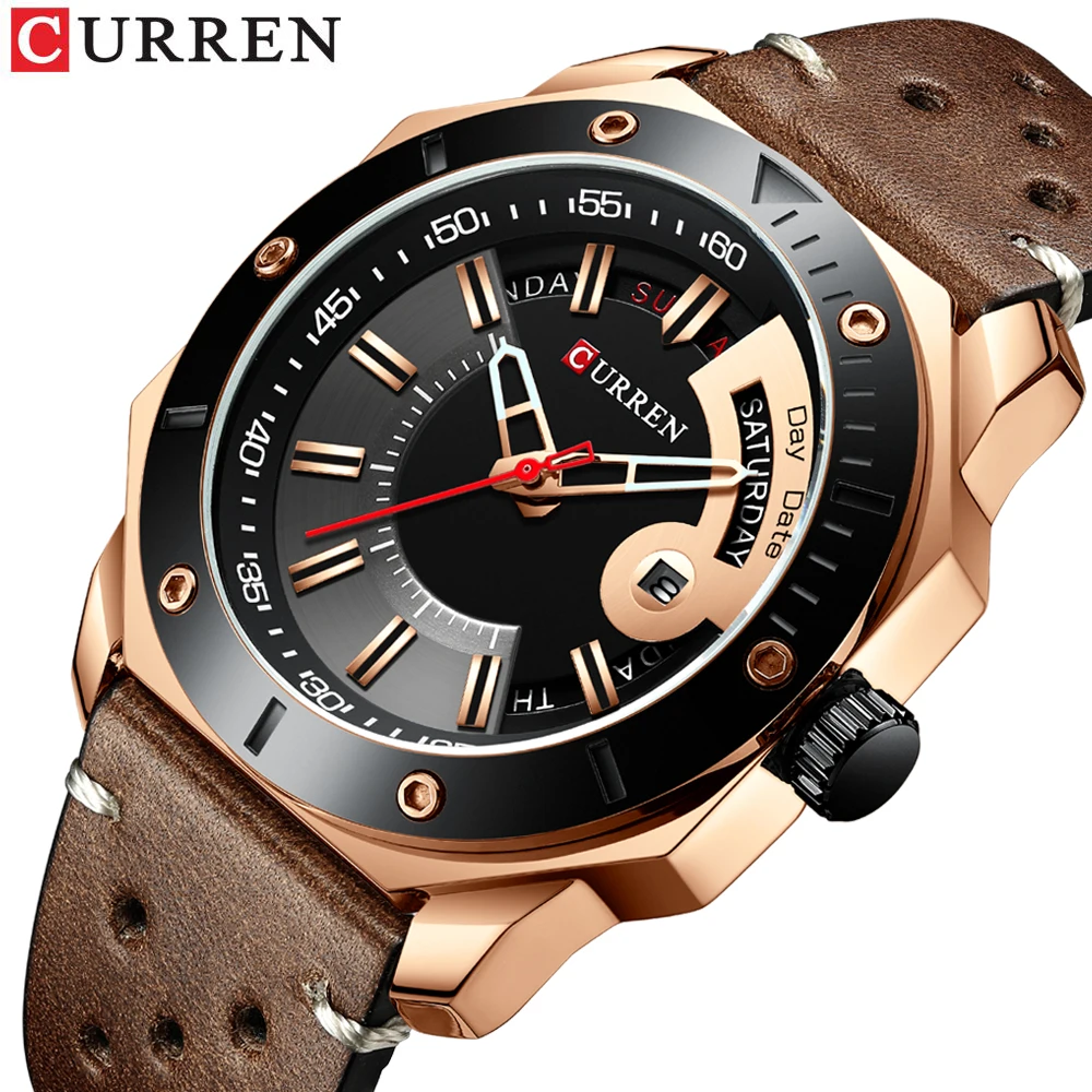 

CURREN Мужские модные бизнес-часы с календарем роскошные черные коричневые кожаные водонепроницаемые светящиеся наручные часы кварцевые час...
