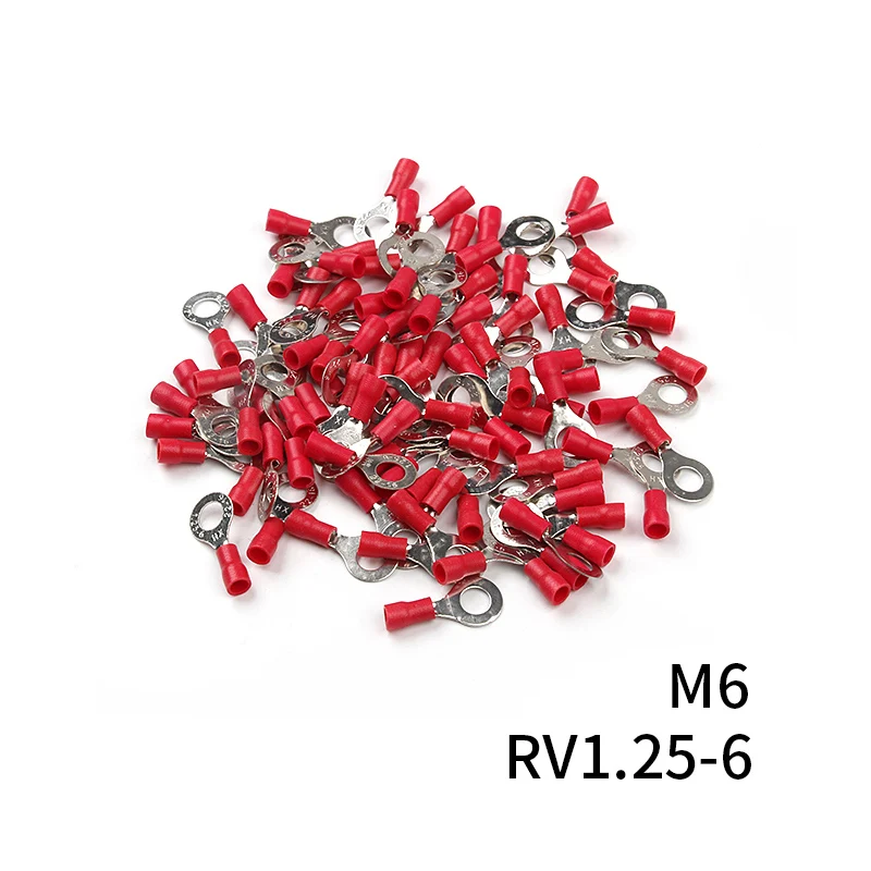 Фото RV1.25 кольцевой изолированный соединитель провода 100 шт. Красный 12-10 AWG обжимные клеммы для электрического кабеля комплект для 0,25-1.65 мм2 №5