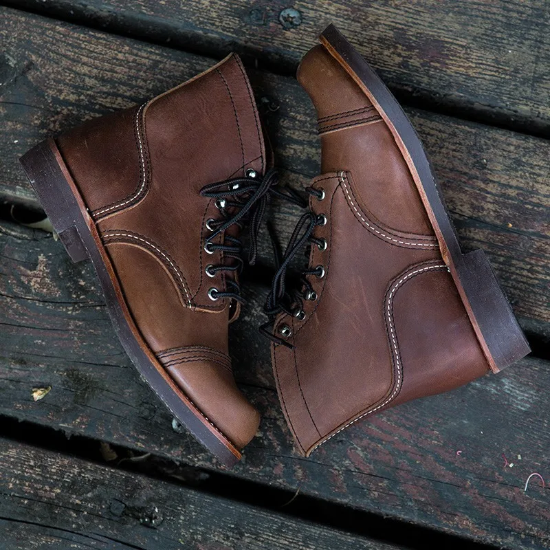 Мужские мотоциклетные ботинки из натуральной кожи с круглым носком на шнуровке |