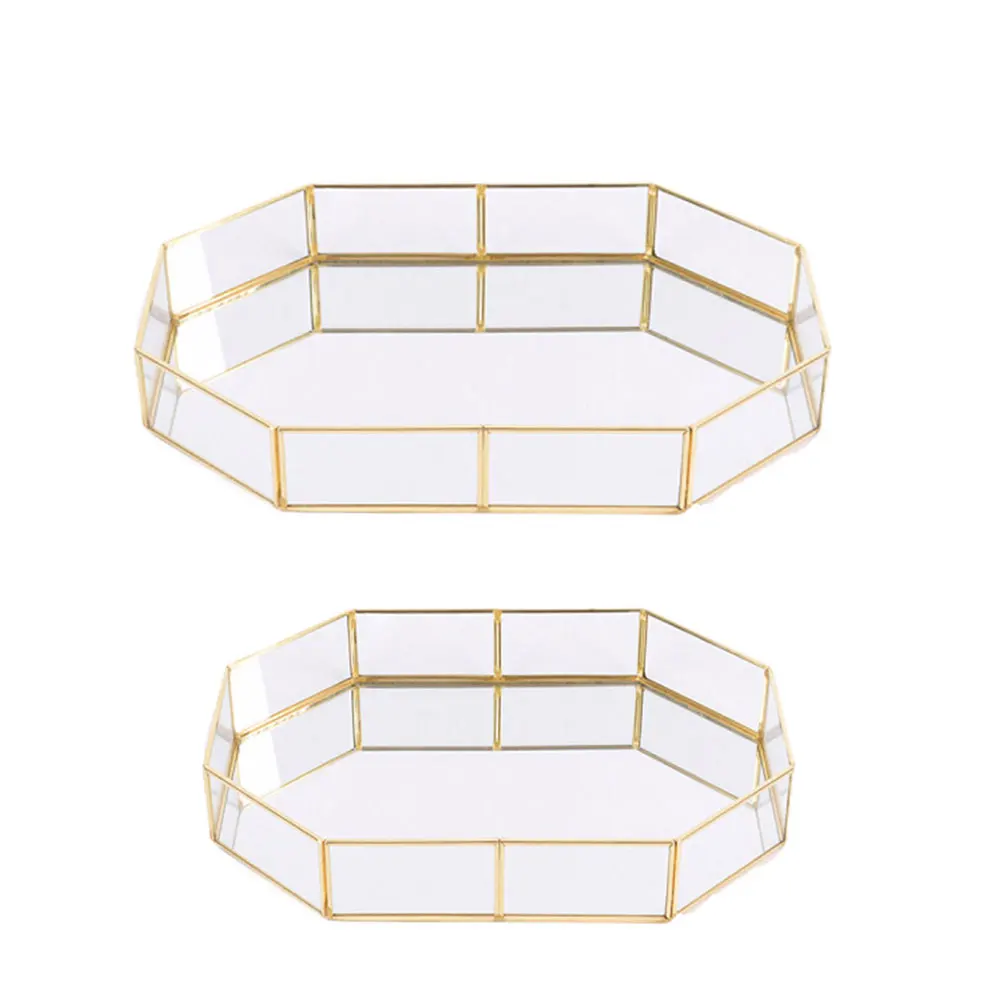 

Polygon Type Glass Storage Plate Jewelry Organizer Golden Mirror Glass Tray Home Desktop Decorative Tray Multiple Size