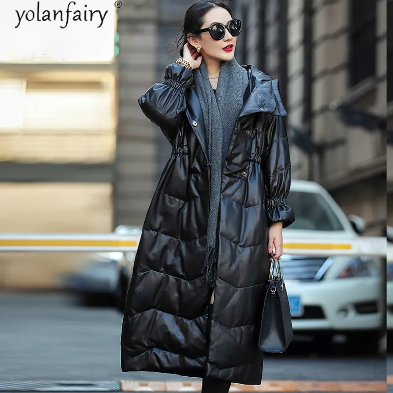 Женская длинная пуховая куртка из натуральной кожи с капюшоном|Кожаные куртки| |