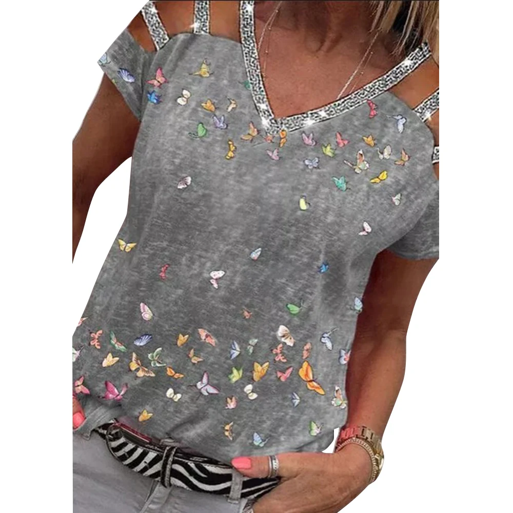 

Women Sexy Hollow Out T-Shirt Short Sleeve V Neck Summer Fashion Floral Printed Sequins Office Lady Slim Pullover Tops Shirts