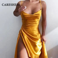 careshess satin women side slit summer dress backless sexy low cut sleeveless solid color elegant slim vintage club party dress
