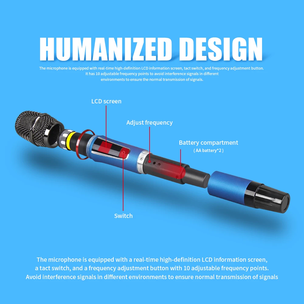 Беспроводной микрофон UX2S UHF для караоке Регулируемая частота ручной 2 канальный