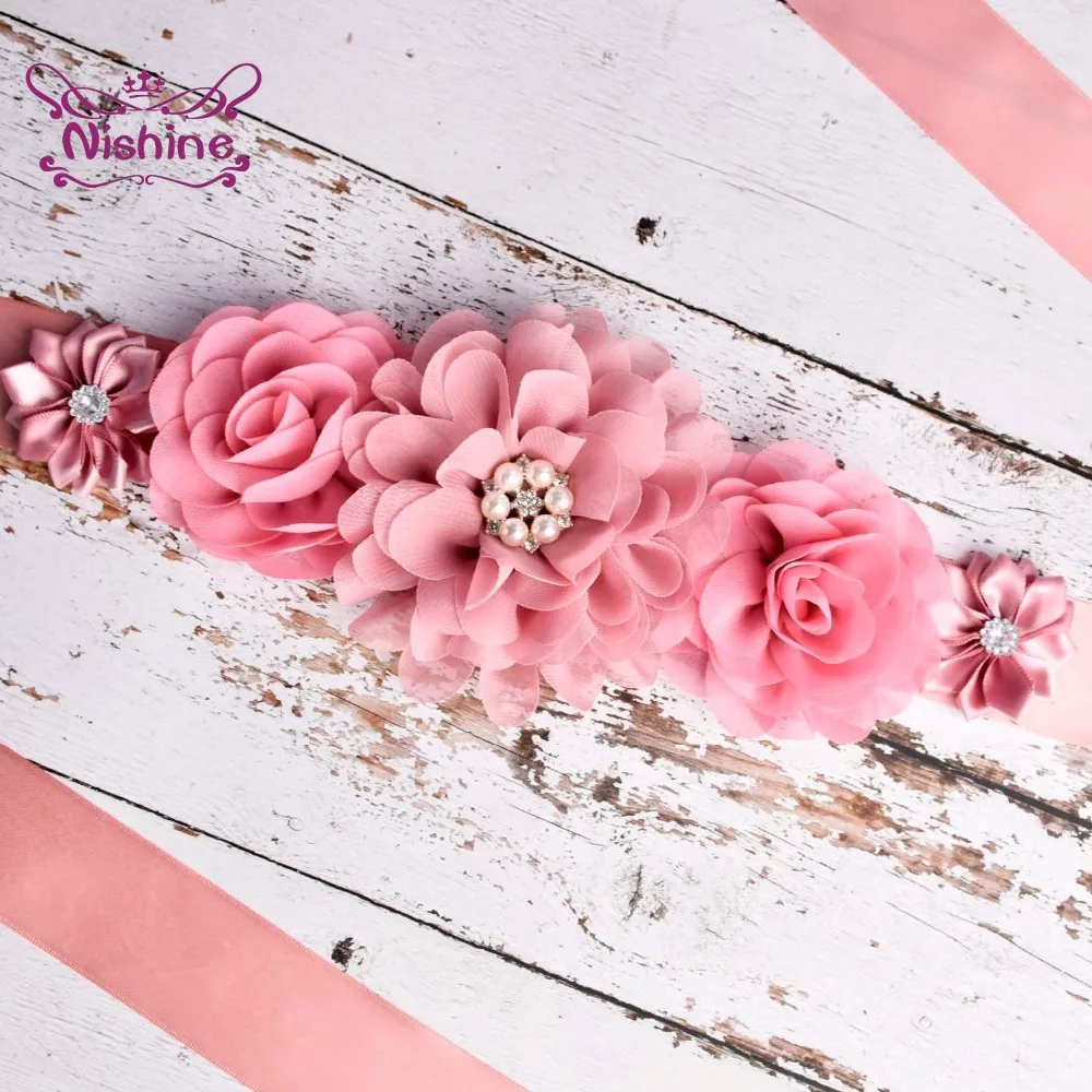 

Pearl Big Chiffon Flower Sash Shining Rhinestone Polygonal Floral Maternity Belt Fashion Wedding Decoration Photography Props