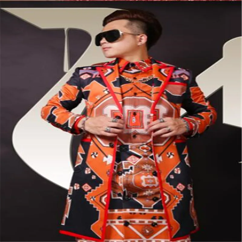 

M-5XL! Big yards men's clothing 2020 Fashion geometric abstract graffiti long suit performance suit singer's clothing